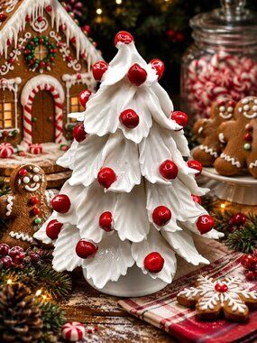 Rare Capodimonte 5" White Woodland Gingerbread Christmas Tree With Red Ornaments